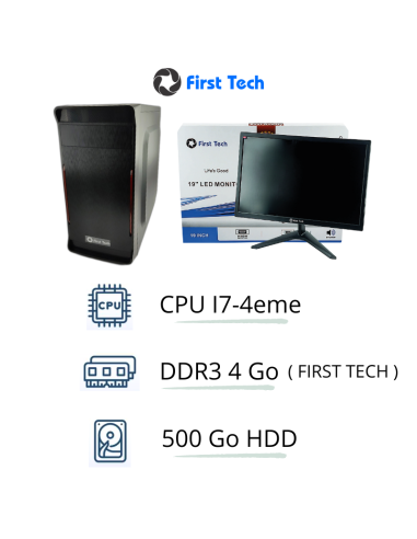 PC DE BUREAU FIRST TECH I7-4770 RAM 04GB DISQUE DUR HDD 500GB + ECRAN 19" VGA/HDMI/SPEAKER + Clavier et Souris